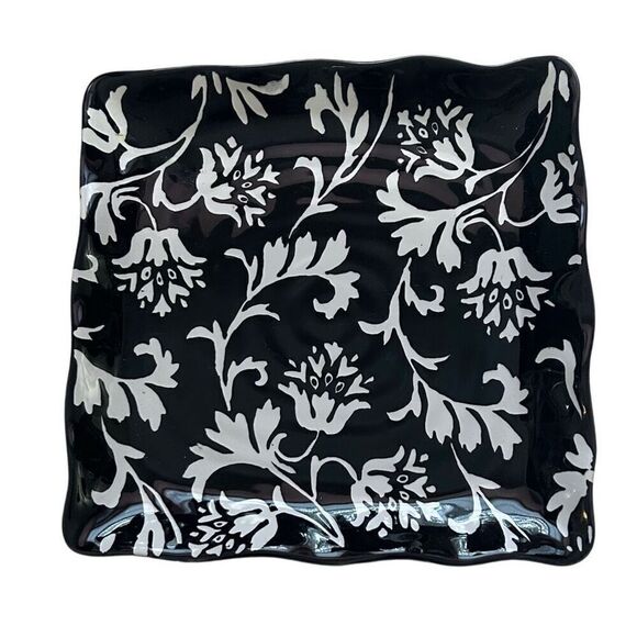 Black and White Floral Brand Square Dessert Plate 9” X 1” with a Scalloped Edge - Picture 1 of 5